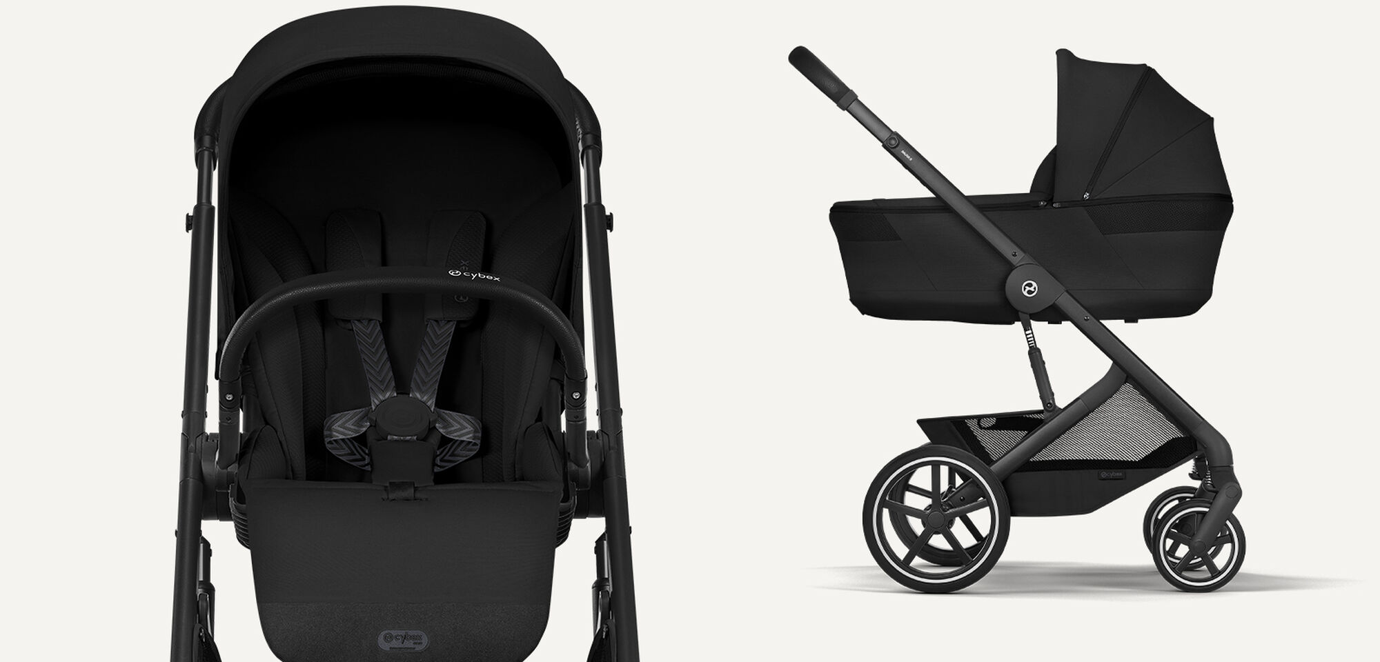 Ein Balios S Lux Kinderwagen mit Seat Pack (links) und mit Fold Cot (rechts) in Moon Black.