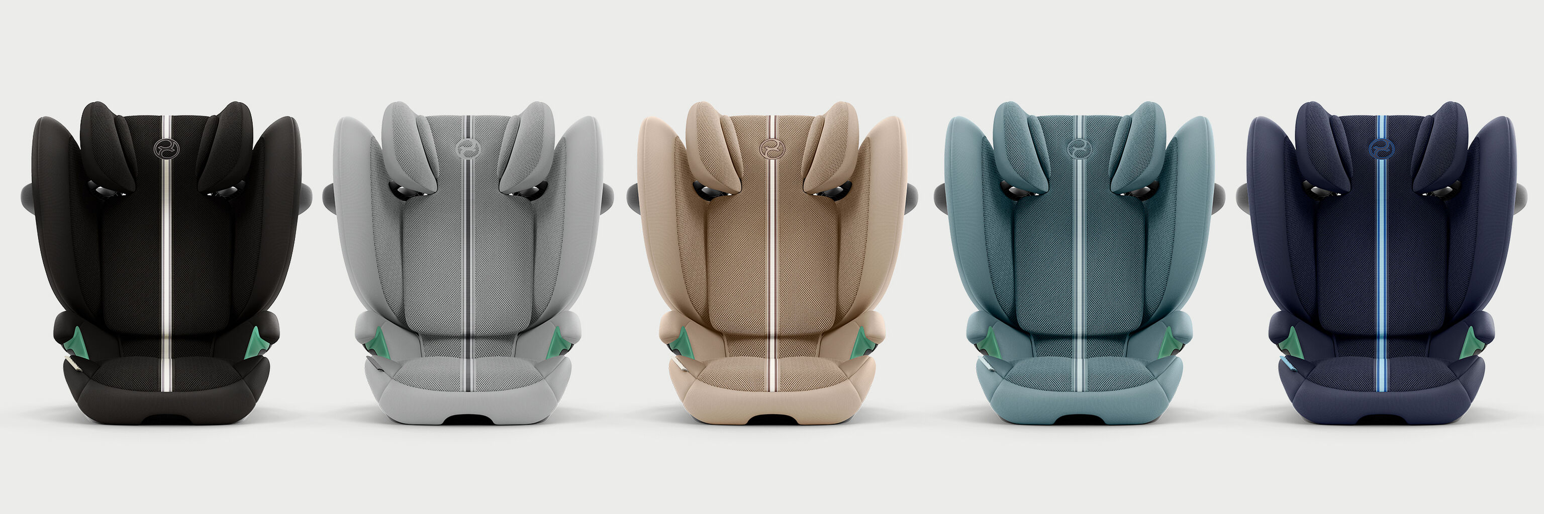 Vijf Solution G2 autostoeltjes in verschillende kleuren, van links naar rechts: zwart, grijs, beige, blauwgroen en donkerblauw.