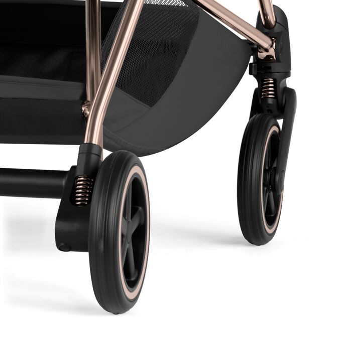 An image of the CYBEX Platinum Mios Rebellious Luxury Stroller, highlighting the All-Wheel Suspension feature.