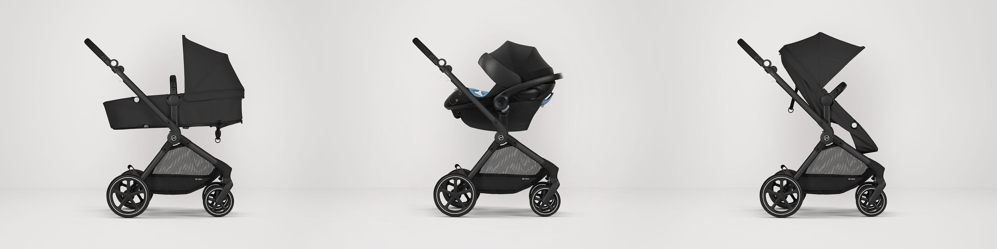 Eos Lux 2 in 1 stroller displayed in three setups: bassinet, car seat, and toddler seat.