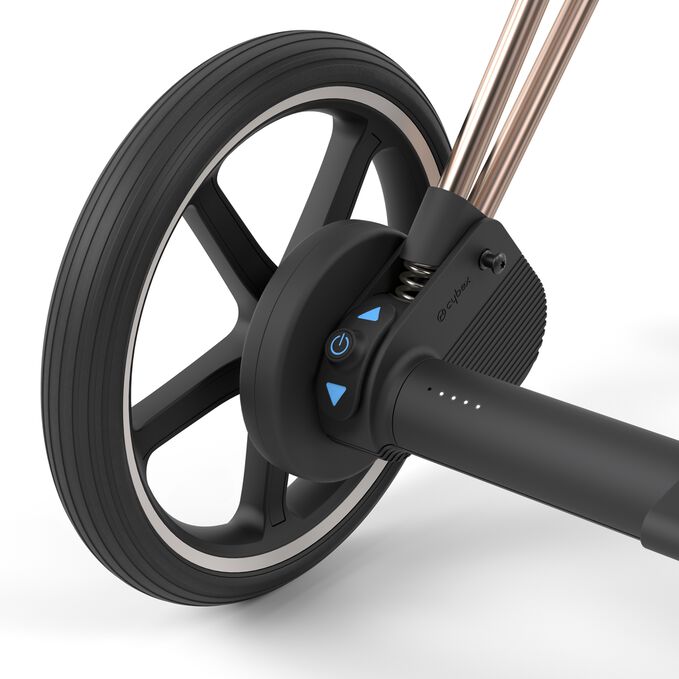An image of the CYBEX Platinum e-Priam Jeremy Scott - Wings Stroller, highlighting the Seamless Tech Integration feature.