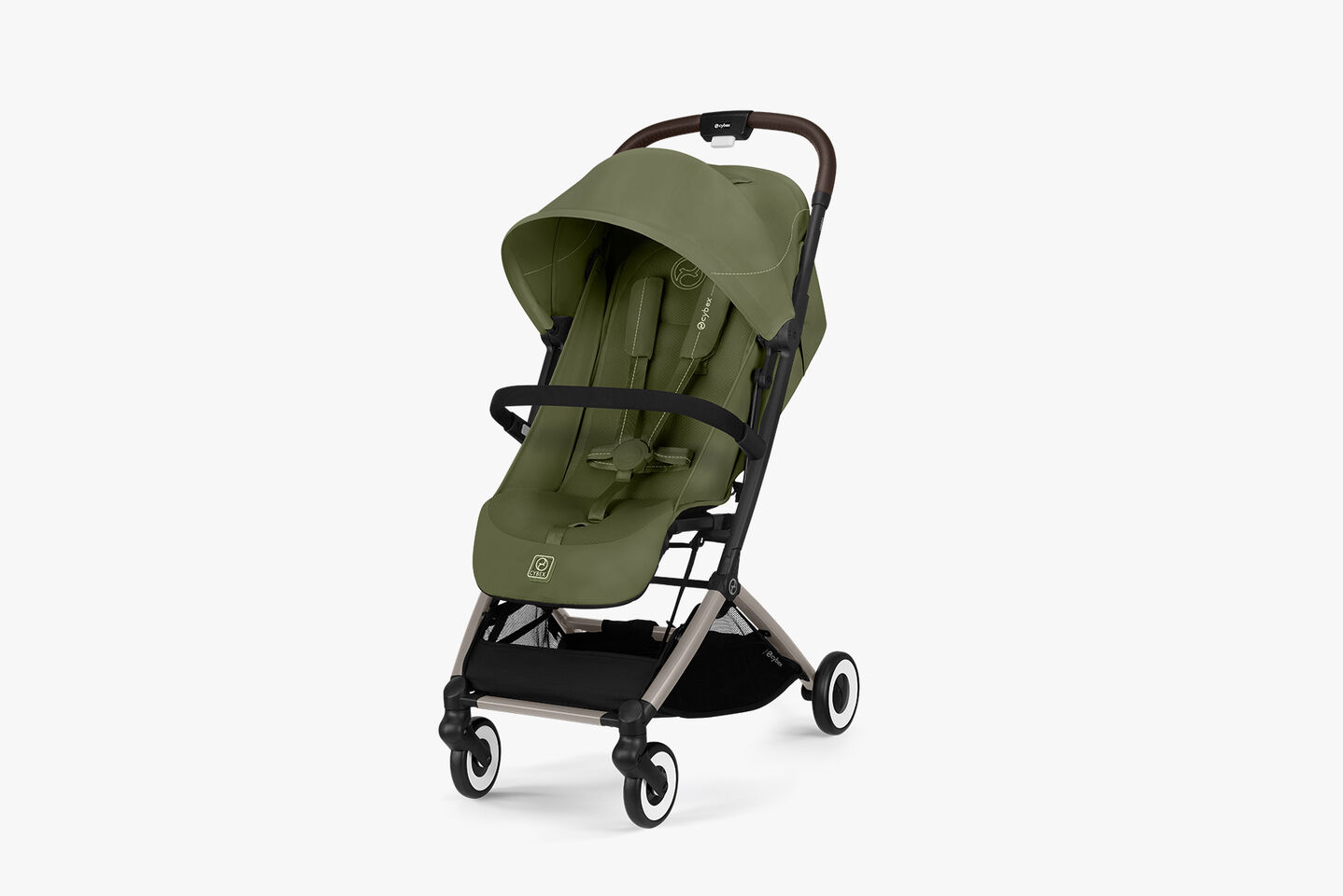 Orfeo compact travel stroller in olive green, lightweight and compact