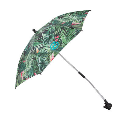Umbrella with tropical leaf pattern and by DJ Khaled logo on a silver shaft.