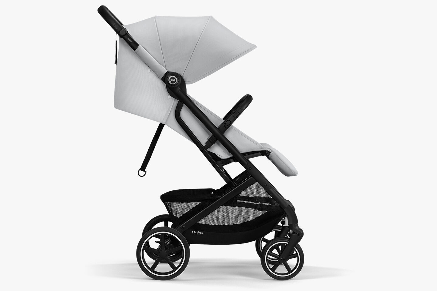 Beezy lightweight compact stroller, side view with adjustable sunshade