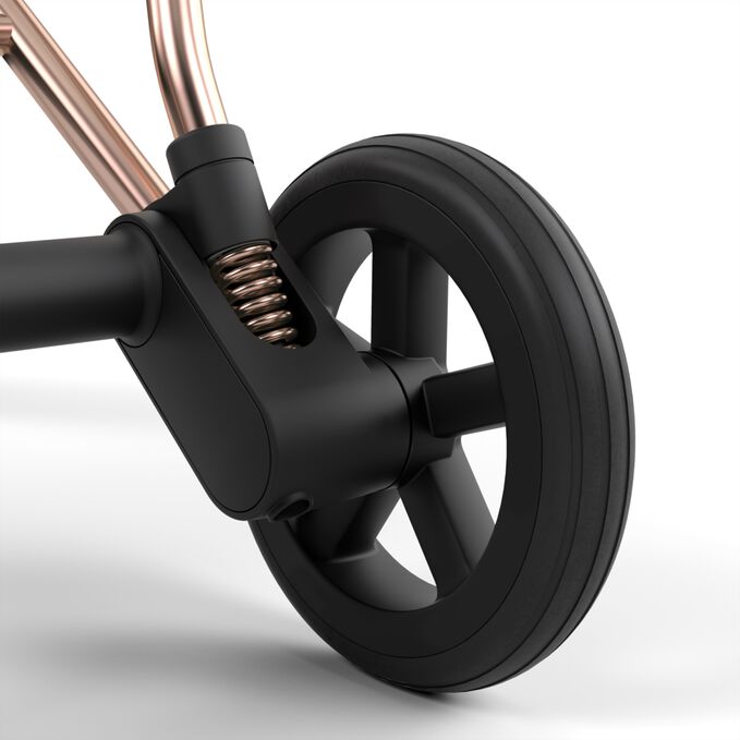 Ein Bild des CYBEX Platinum Mios Jeremy Scott - Wings Stroller, das das Merkmal Allradfederung hervorhebt.