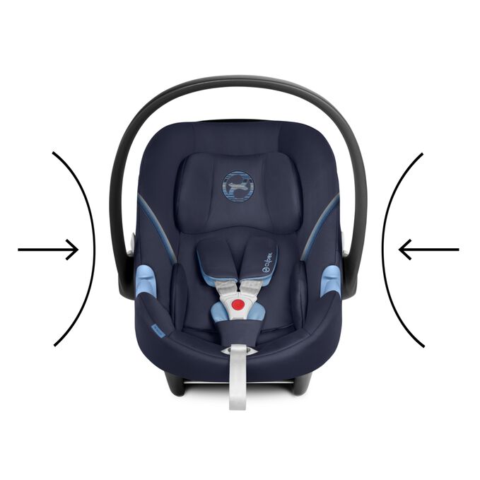 An image of the CYBEX Gold Aton M Infant Car Seat, highlighting the Energy-absorbing shell feature.