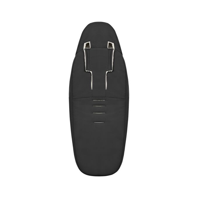 An image of the CYBEX Platinum Platinum Footmuff Accessories for Strollers, highlighting the Fits All Harness Systems feature.