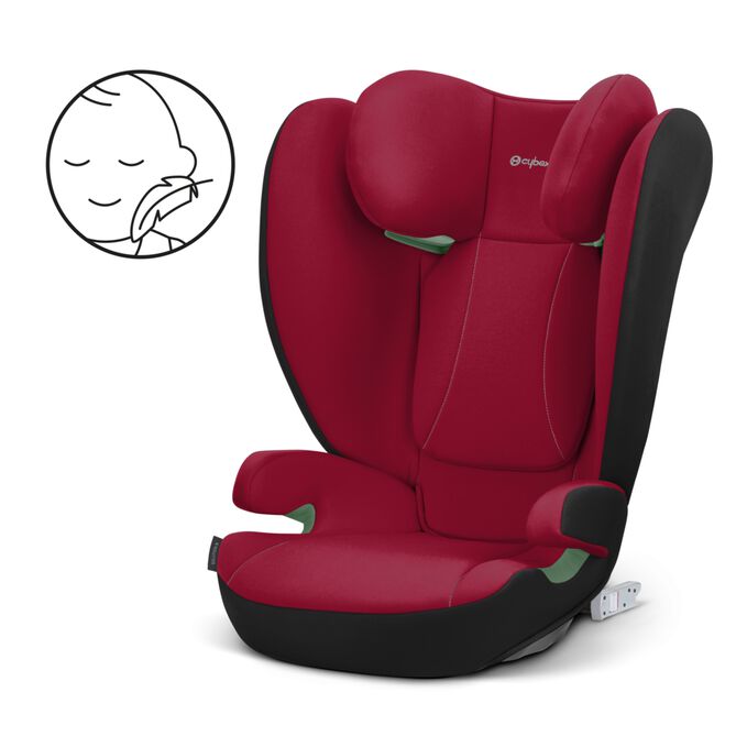 An image of the CYBEX Silver Solution B i-Fix Child Car Seat, highlighting the Gentle on Your Child&rsquo;s Skin feature.