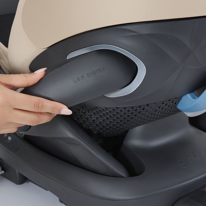 An image of the CYBEX Gold Cloud G Pro with Load Leg Base Infant Car Seat, highlighting the Linear Side-Impact Protection feature.