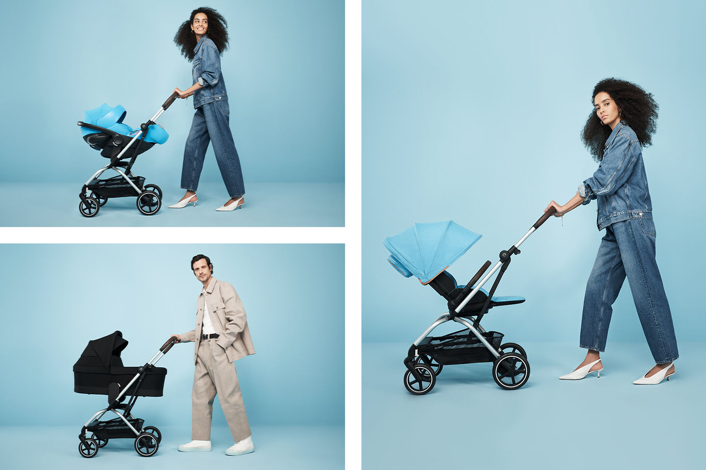 A woman and a man showcase the Eezy S Twist +2 pram in a studio with a blue background. The pram is displayed in different configurations.