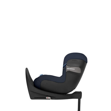 A side view of a child car seat in black and dark blue, mounted on a base.