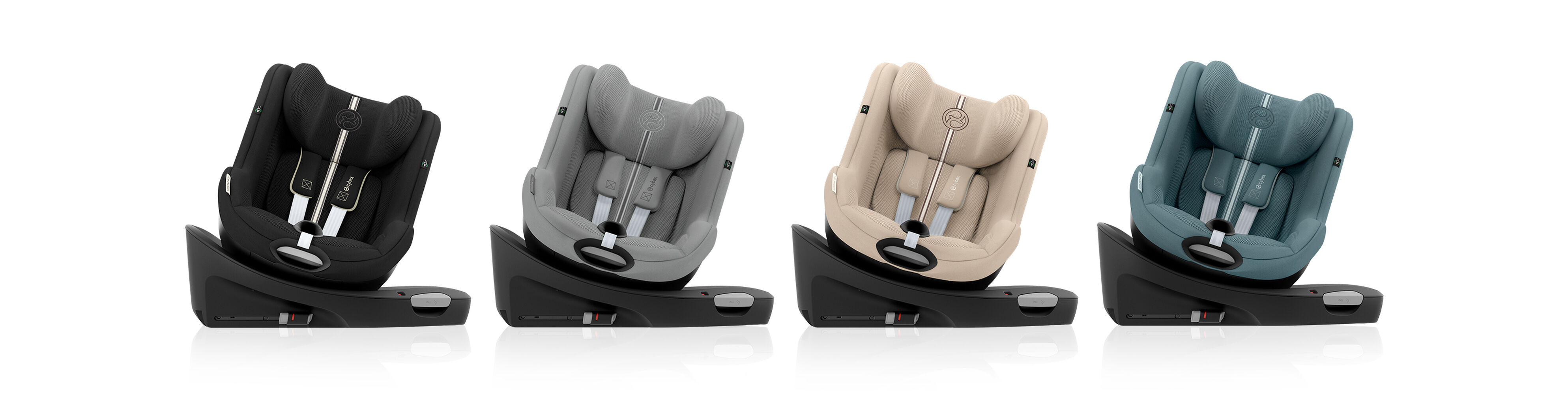 Line-up of Sirona G3 car seats in all the different colors. From left to right: Stone Grey Plus, Moon Black Plus, Almond Beige Plus, Stormy Blue Plus, Ocean Blue Plus