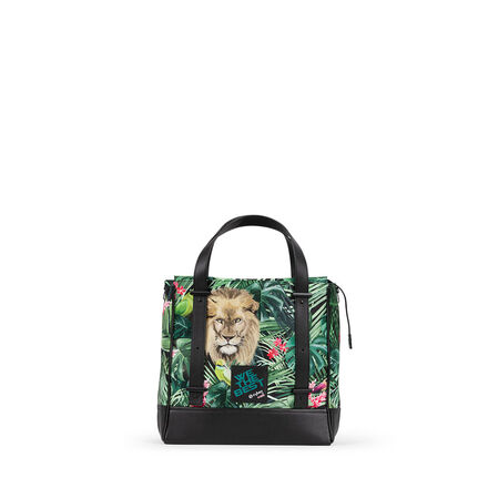 A stylish bag by DJ Khaled featuring a lion design and tropical leaves.