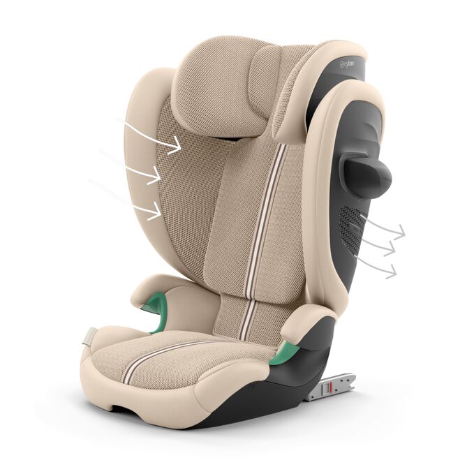 An image of the CYBEX Gold Solution G2 Child Car Seat, highlighting the Optimal Breathability feature.