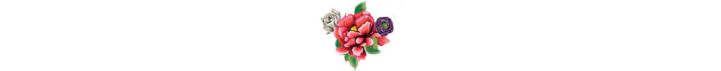 Floral arrangement with red, purple, and grey flowers and green leaves on a white background.