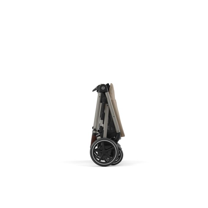 An image of the CYBEX Gold e-Gazelle S Sibling Stroller, highlighting the Compact Fold feature.