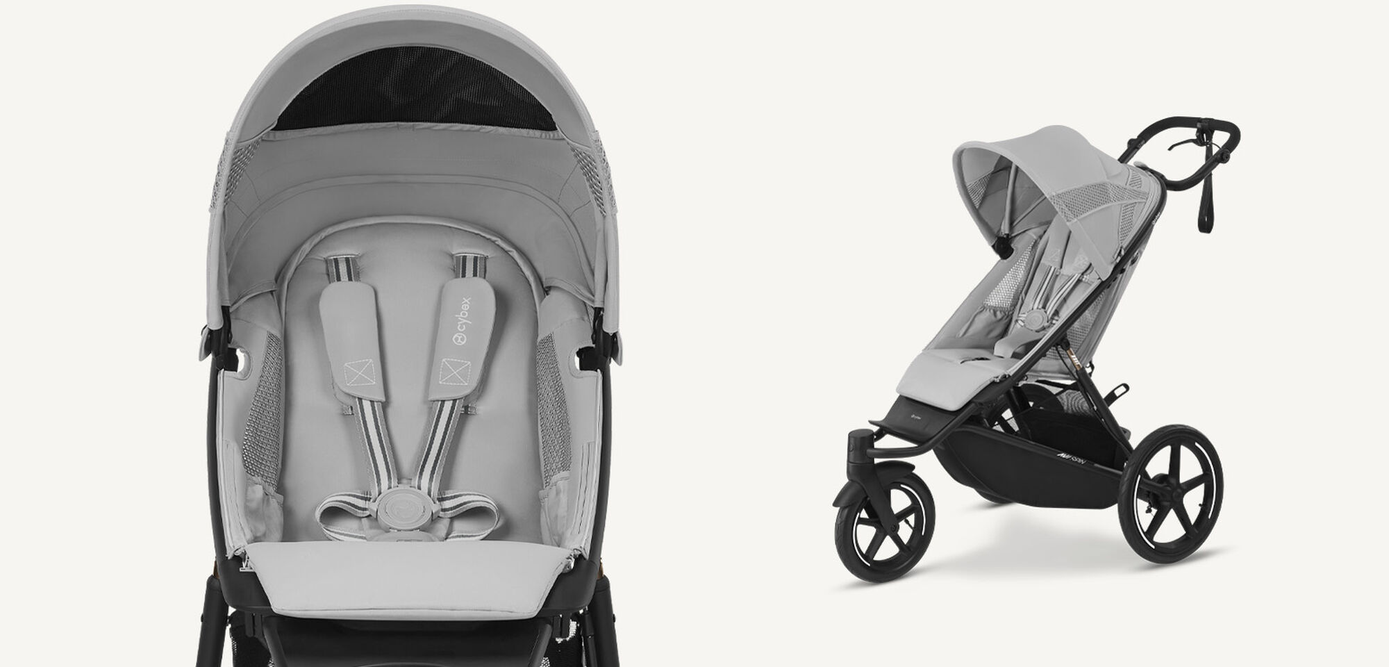 Two product shots of an Avi Spin in Fog Grey, on the left, a close-up, on the right, sideview.