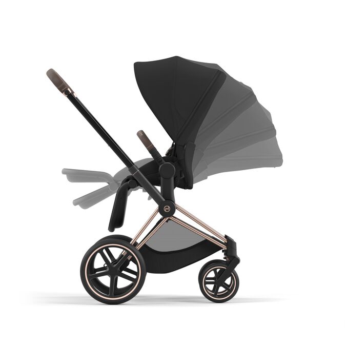 An image of the CYBEX Platinum Priam / e-Priam Seat Pack Stroller, highlighting the One-hand Recline and Fold feature.