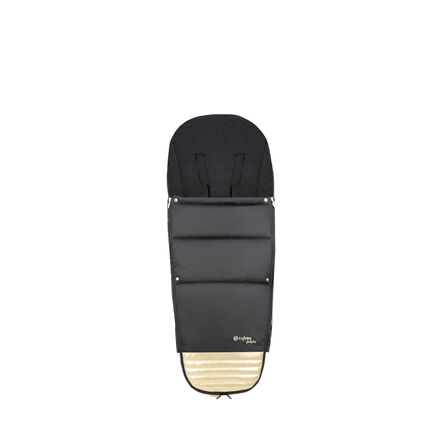 by Jeremy Scott Wings footmuff in black with gold accents, suitable for prams.