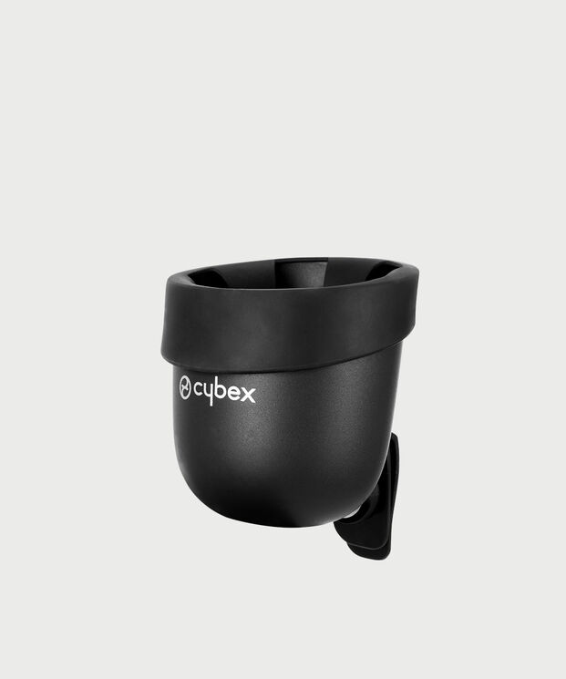 A black Cybex cup holder with a clip for attaching to a pram.