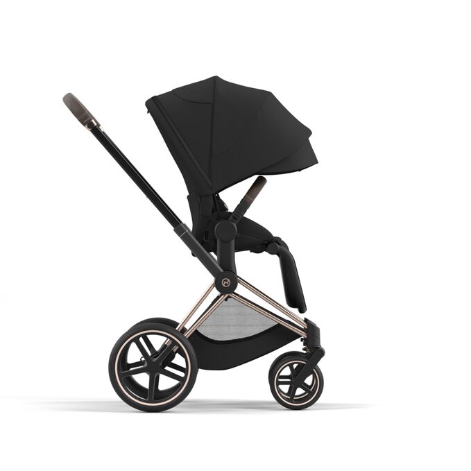 An image of the CYBEX Platinum Priam / e-Priam Seat Pack Stroller, highlighting the XXL Sun Canopy feature.