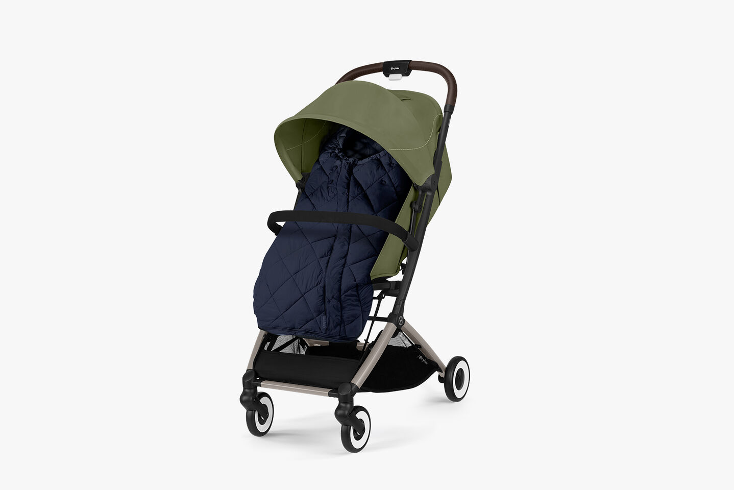 compact travel stroller Orfeo in green and blue, perfect for travel
