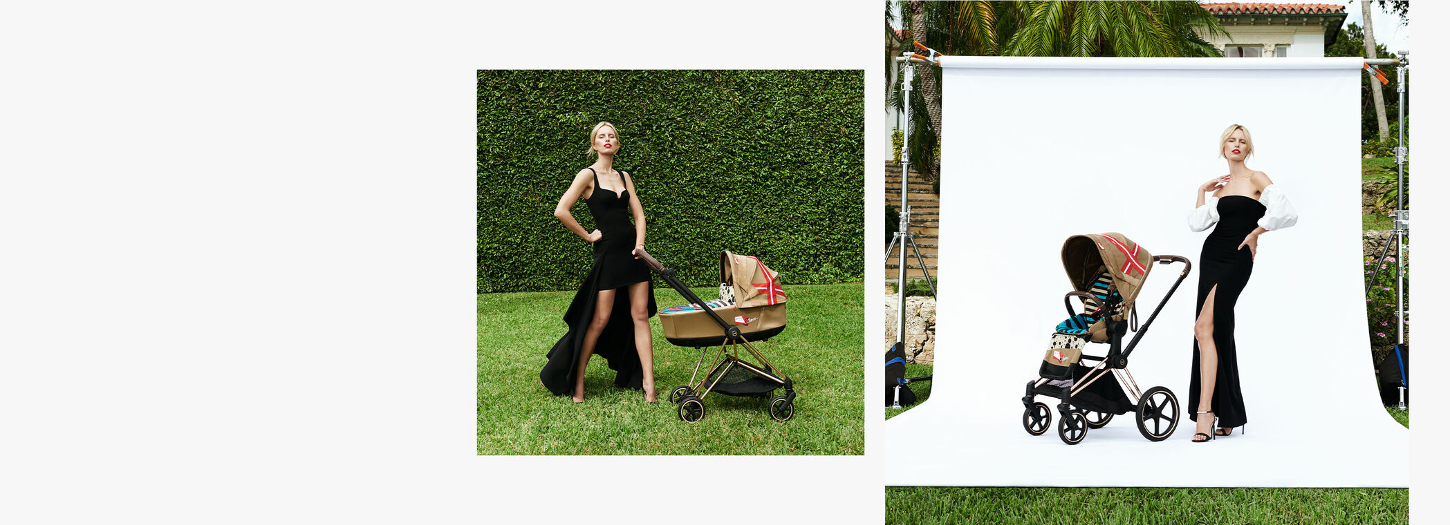 Zwei Bilder zeigen Karolina Kurkova neben einem Karolina Kurkova Kinderwagen.