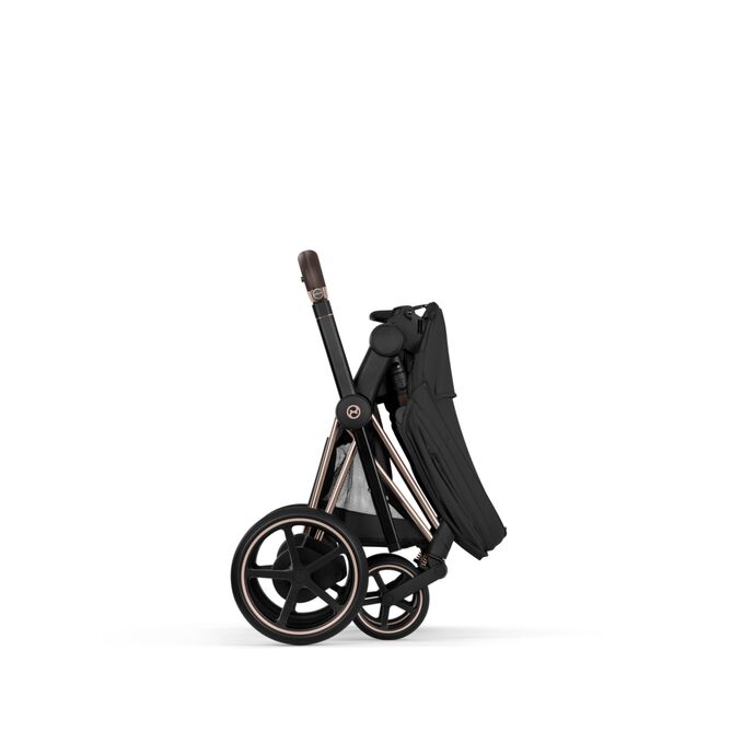 An image of the CYBEX Platinum e-Priam Stroller, highlighting the One-Hand Fold feature.
