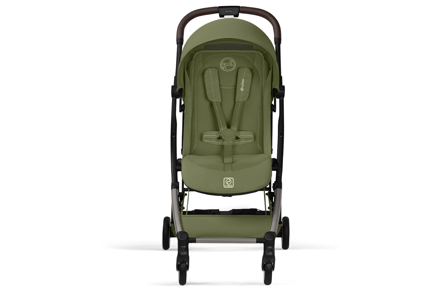 Cybex Orfeo compact travel stroller in moss green shown in front view