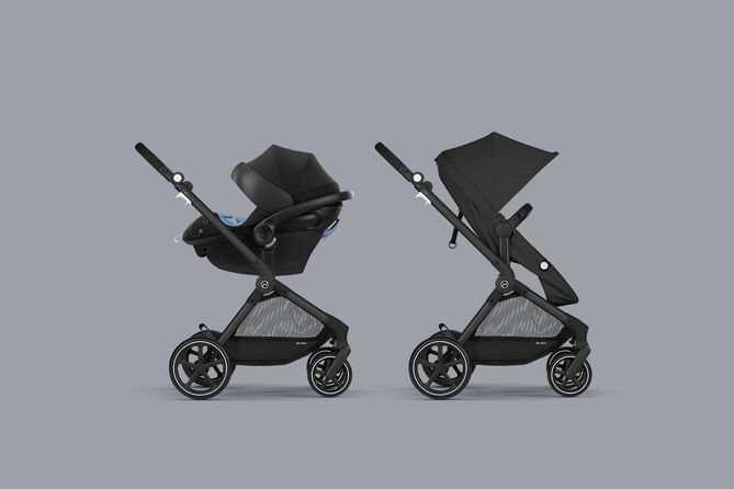 Eos Lux 2 in 1 stroller shown in two configurations on a grey background.