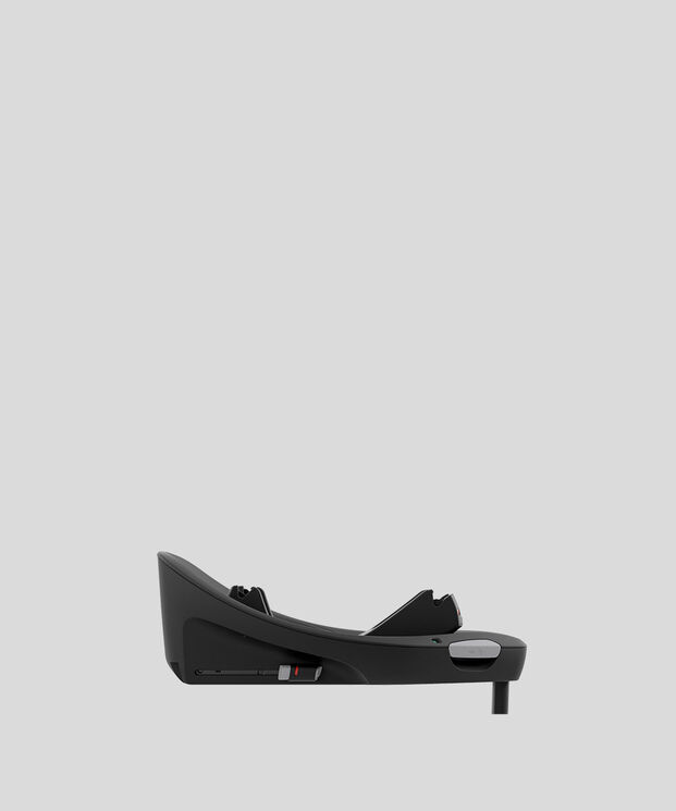A black car seat adapter on a grey background.