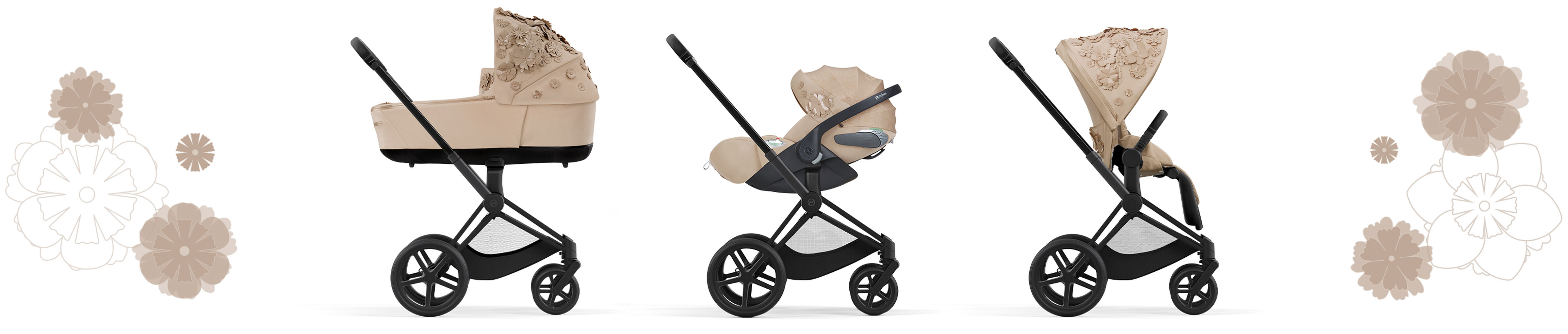 Barnvagn CYBEX Simply Flowers i tre konfigurationer: liggdel, bilbarnstol och sittdel, med blommiga dekorationer.