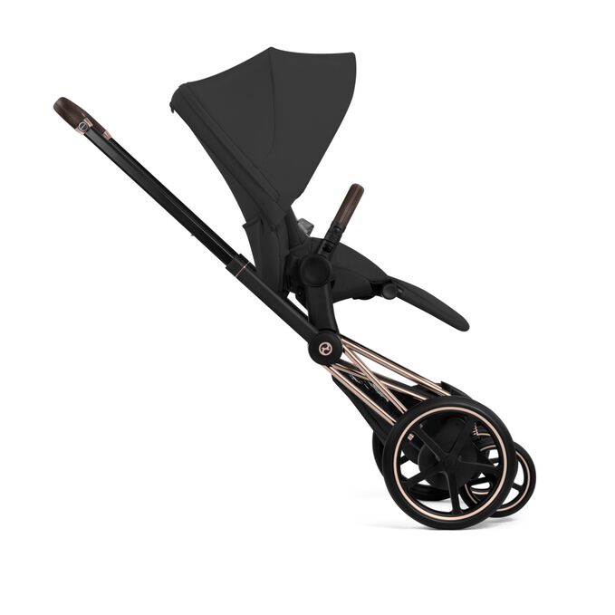 An image of the CYBEX Platinum e-Priam Stroller, highlighting the Two-Wheel Mode feature.