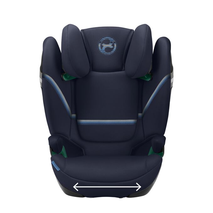 An image of the CYBEX Gold Solution S2 i-Fix Child Car Seat, highlighting the Extra wide and deep seat cushion feature.