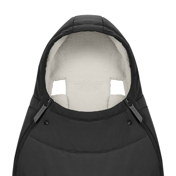An image of the CYBEX Platinum Platinum Footmuff Accessories for Strollers, highlighting the Adjustable Hood feature.