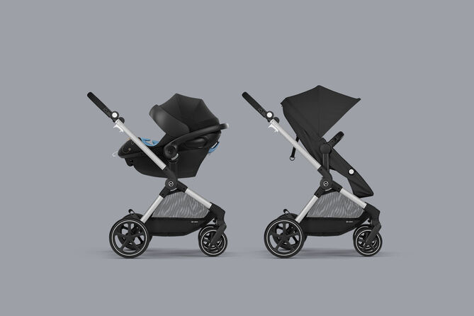 Eos Lux 2 in 1 stroller displayed in two configurations side by side.
