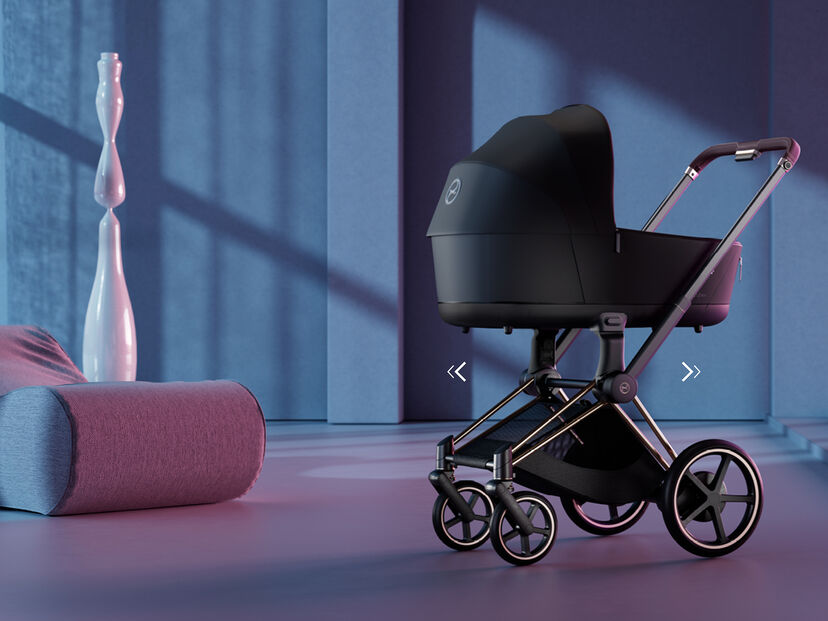 e-Priam electric stroller in a modern room with blue lighting