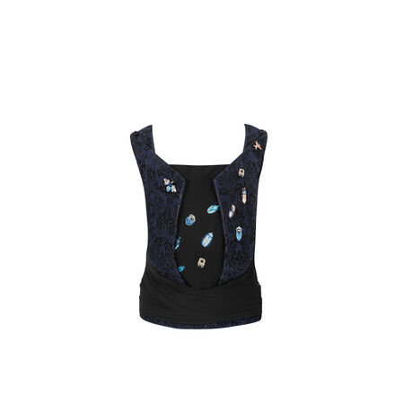 A stylish sleeveless top in dark blue with decorative embroidery and patterns.