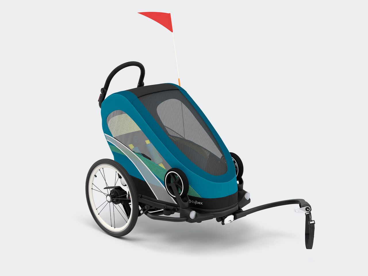 Zeno Bike fahrradanh&auml;nger kinder in Blau mit roter Fahne.