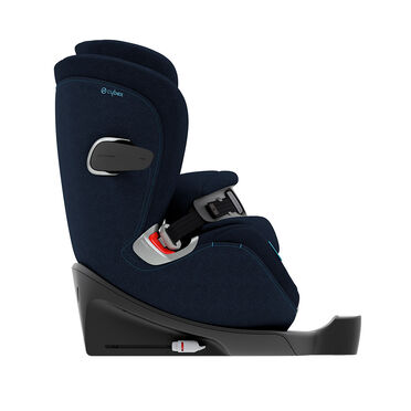 Anoris T car seat in side view, dark blue with black base and safety harness.
