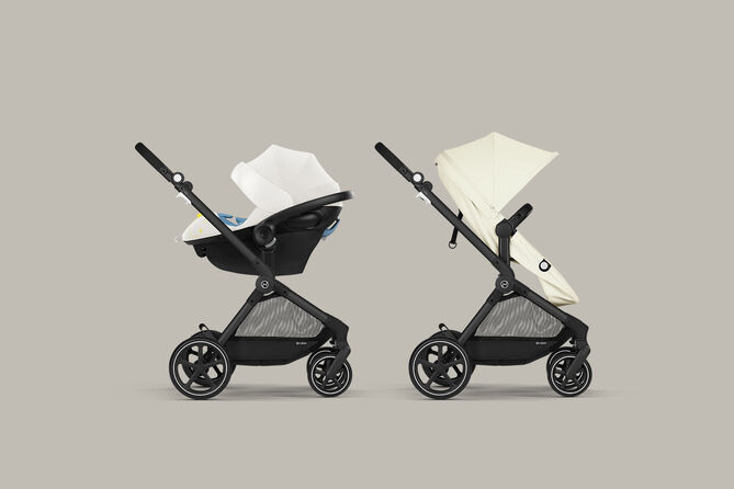 Eos Lux 2 in 1 stroller in two configurations, one with a car seat and one with a seat.