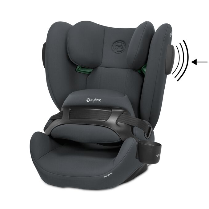 An image of the CYBEX Silver Pallas B4 i-Size Toddler Car Seat, highlighting the Reduces side-impact forces by over 15% feature.