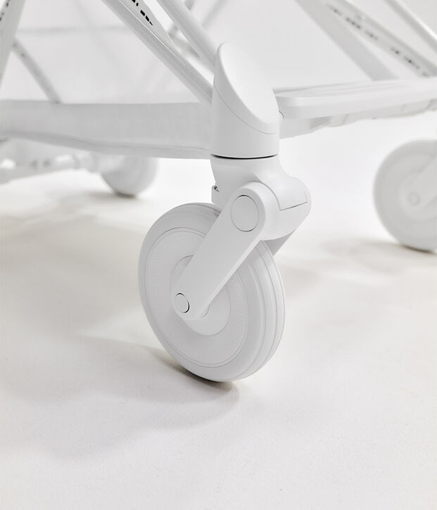 Close-up of a white pushchair wheel mechanism on a white background.