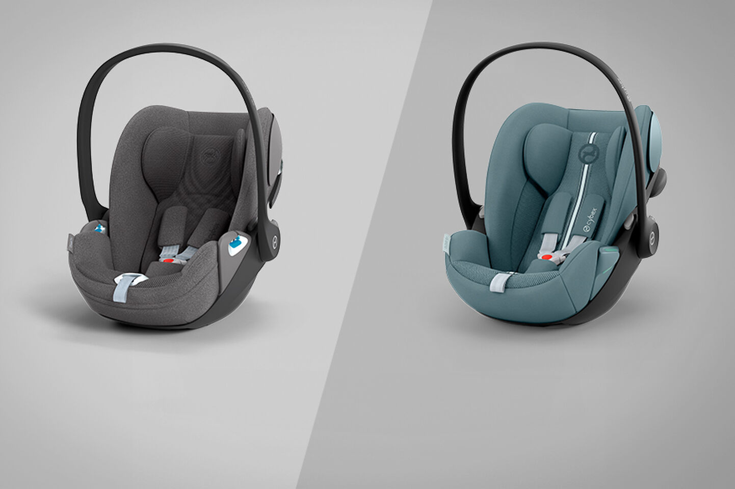Two car seats in grey and blue on a grey background.