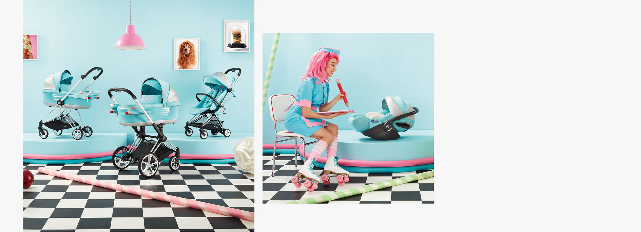 Zwei Bilder der Jeremy Scott Car Kollektion. Links drei Kinderwagen, rechts eine Frau neben dem Jeremy Scott Car Cloud T.