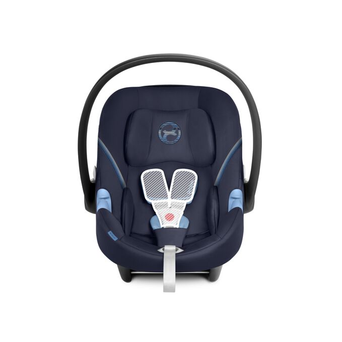An image of the CYBEX Gold Aton M Infant Car Seat, highlighting the Extra wide Y-harness straps feature.