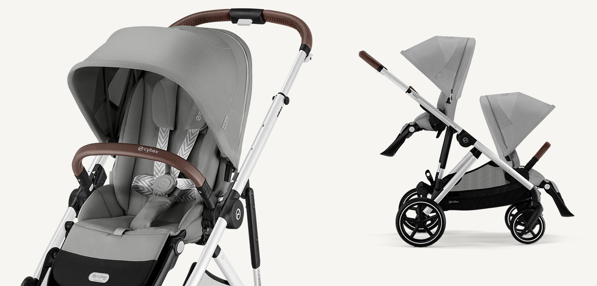 Two product shots of a Gazelle S stroller in Stone Grey, one in single, one in sibling/twin mode.