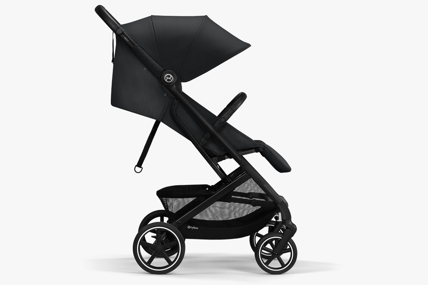 Lightweight compact stroller in black, side view