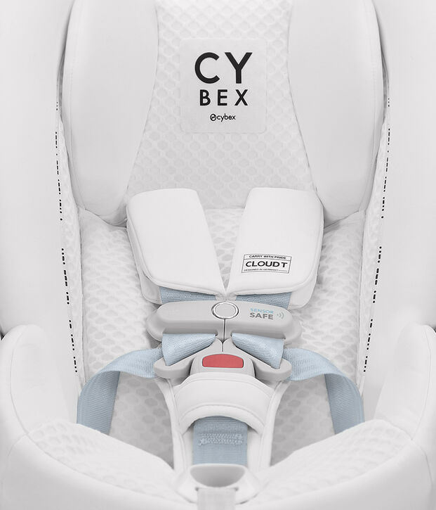 Cloud T reclining infant car seat by Cybex, white design, padded straps, and safety mechanism