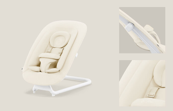 Lemo Bouncer in beige, a stylish baby bouncer with adjustable seat and safety harness.